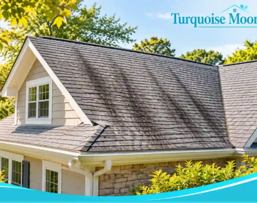 Gray asphalt shingle roof with varied dark streaks on a suburban house, Turquoise Moon Homes branding
