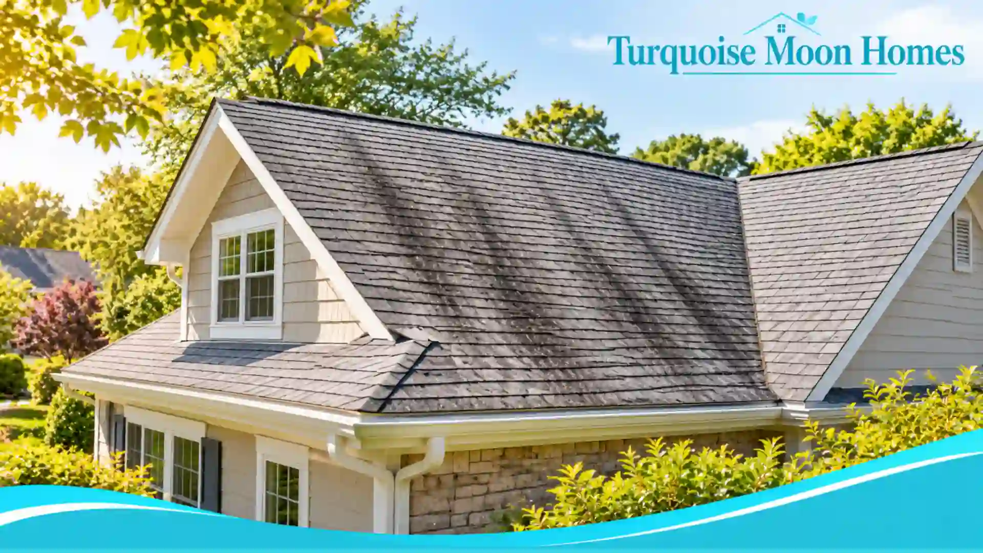 Gray asphalt shingle roof with varied dark streaks on a suburban house, Turquoise Moon Homes branding