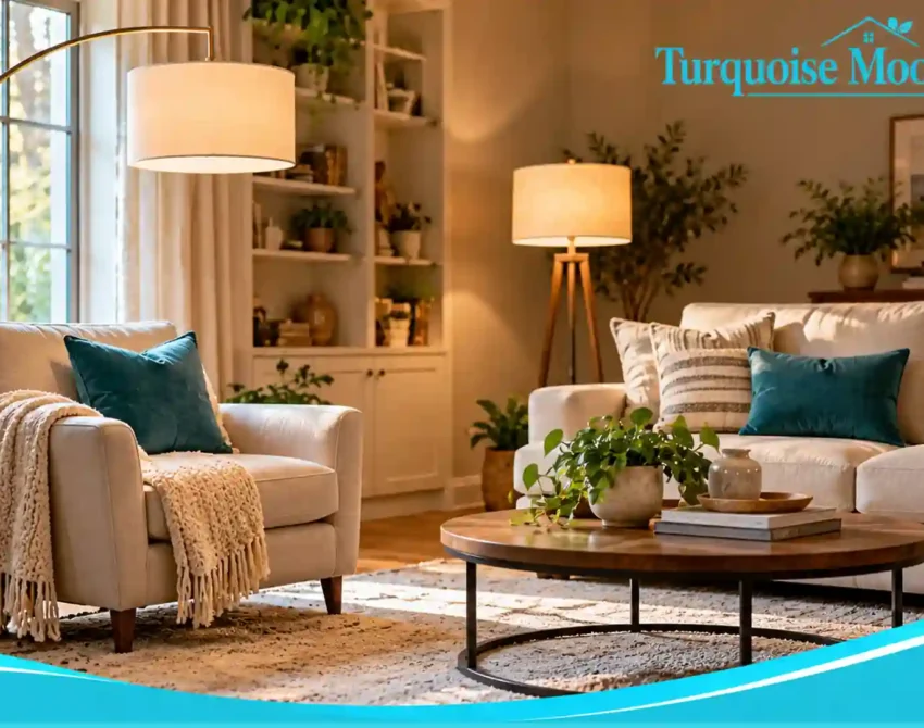 Cozy living room with arc floor lamp by a reading chair and a shaded lamp near a sofa, Turquoise Moon Homes branding