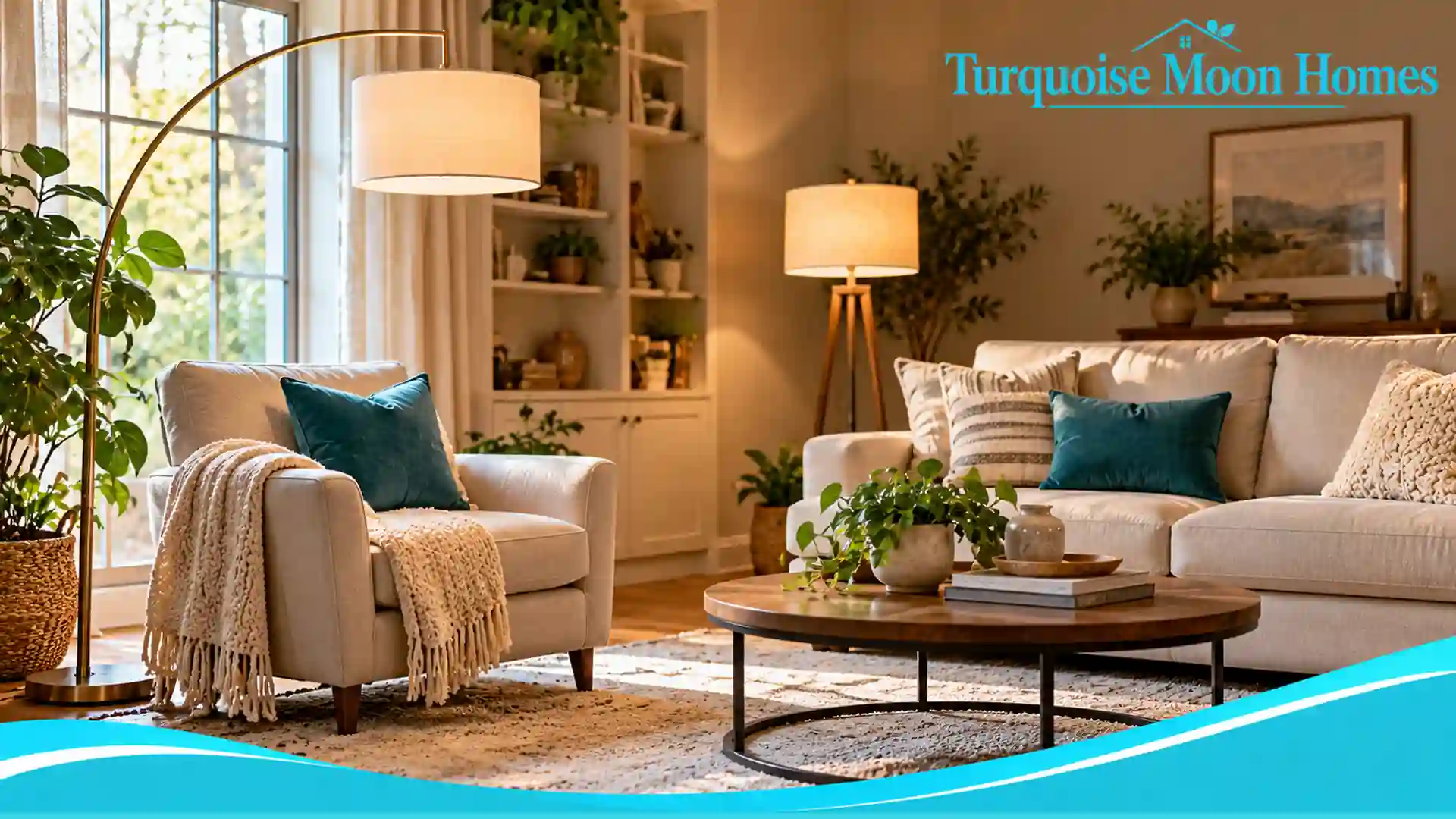 Cozy living room with arc floor lamp by a reading chair and a shaded lamp near a sofa, Turquoise Moon Homes branding