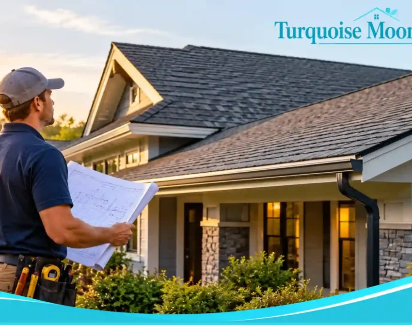 Contractor with plans studying a gray shingle roof on a suburban home, Turquoise Moon Homes branded image