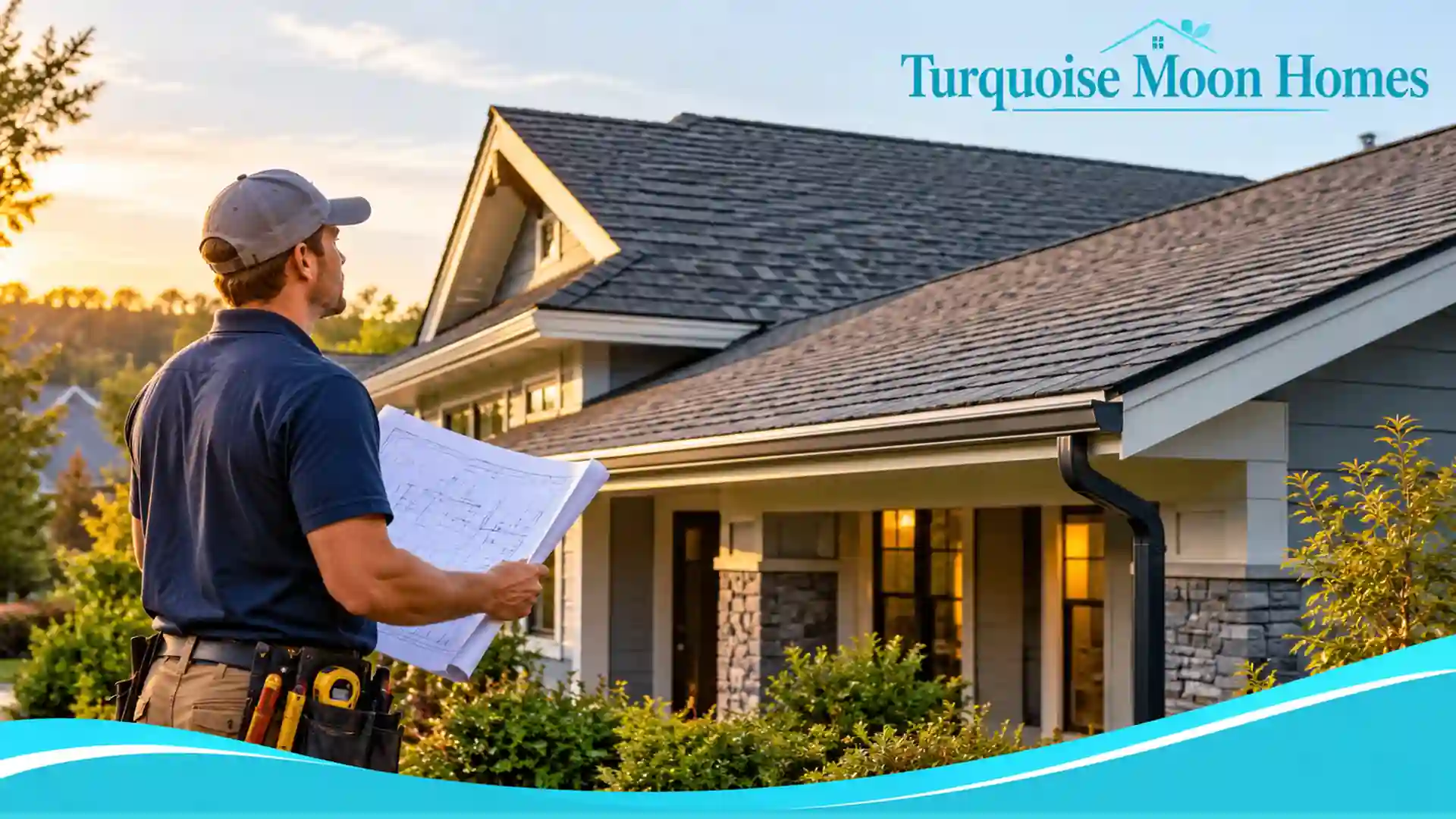 Contractor with plans studying a gray shingle roof on a suburban home, Turquoise Moon Homes branded image