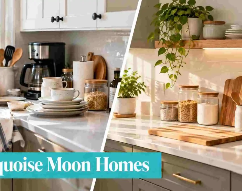 Organized kitchen counter with jars, utensils and clear preparation space