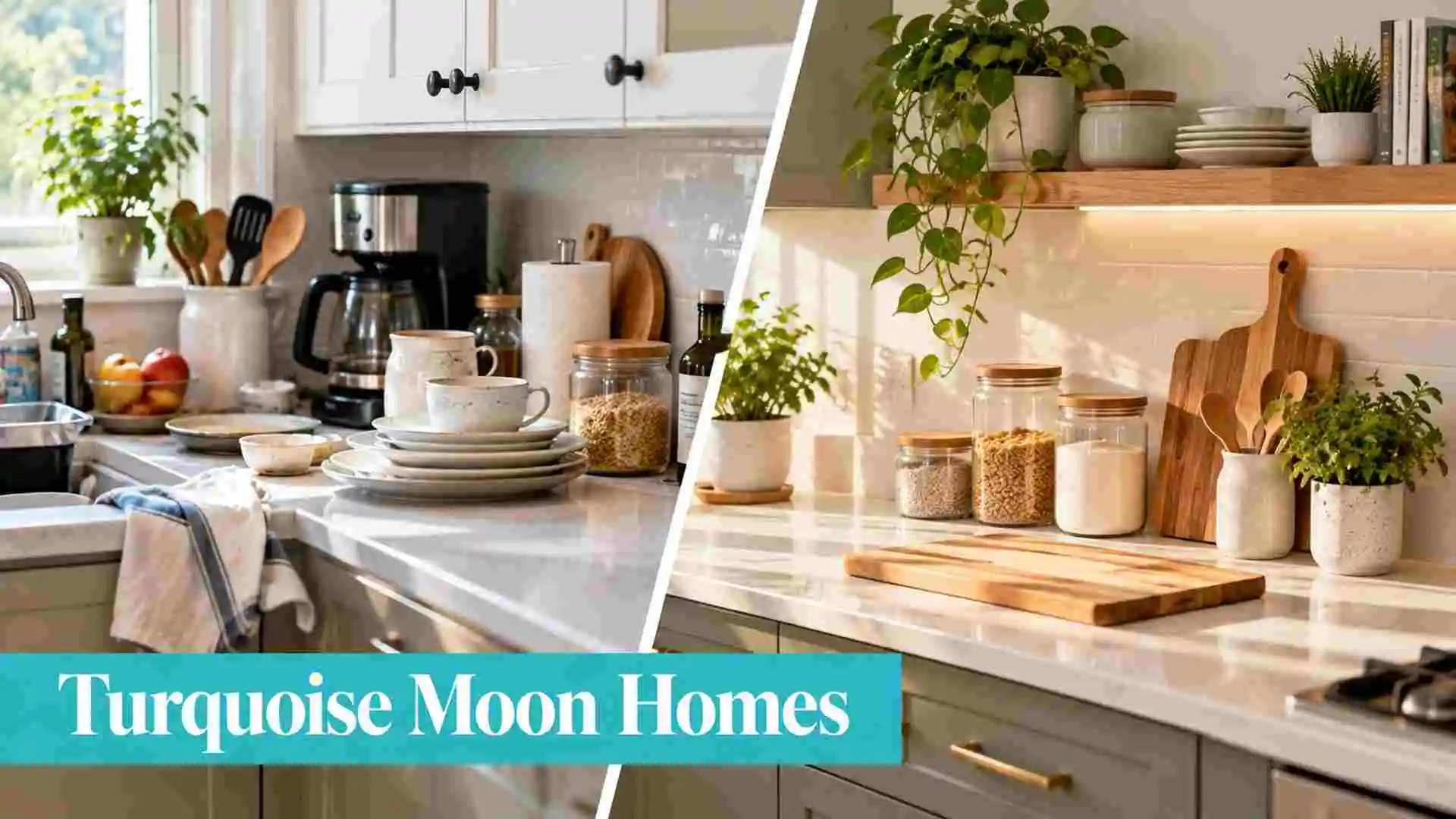 Organized kitchen counter with jars, utensils and clear preparation space