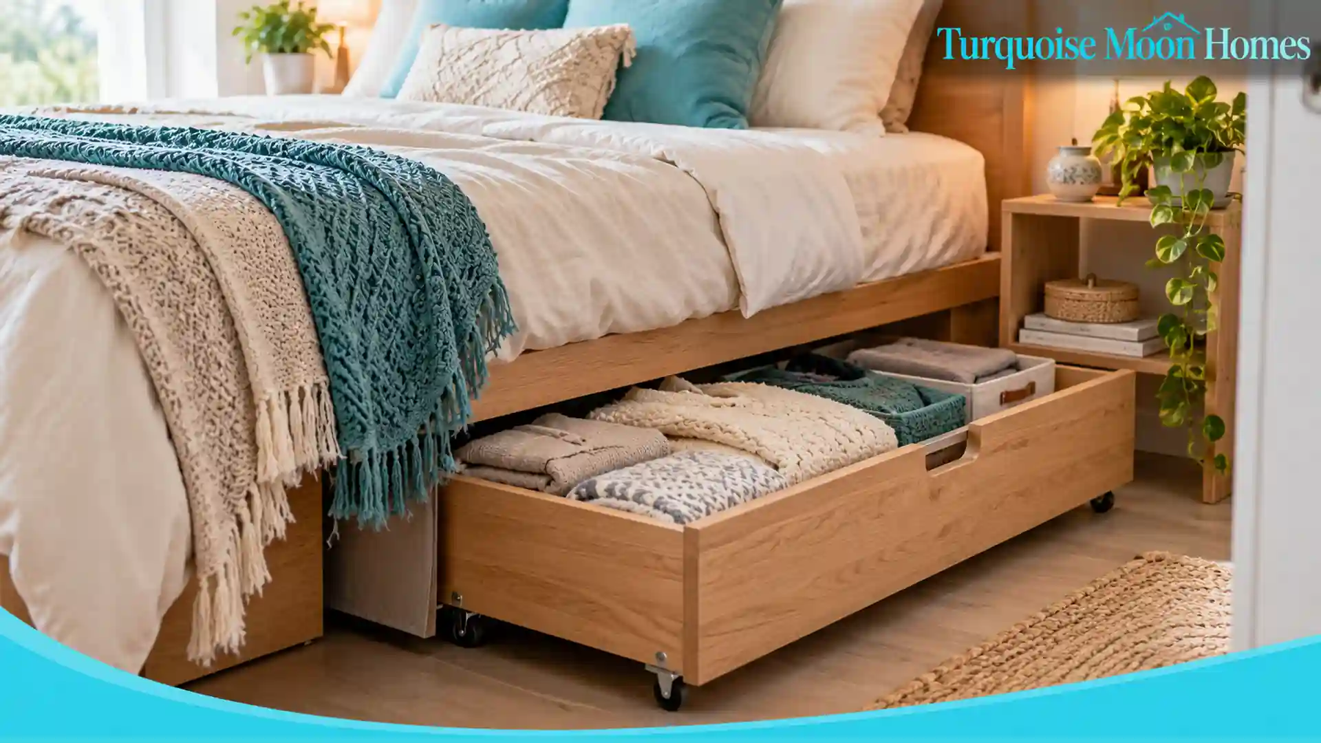 Wooden under-bed storage drawer filled with folded textiles in a warm bedroom, Turquoise Moon Homes branding