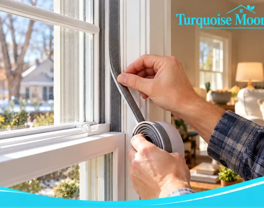 Hands applying a flexible gray weatherstrip to a white window frame, Turquoise Moon Homes branding