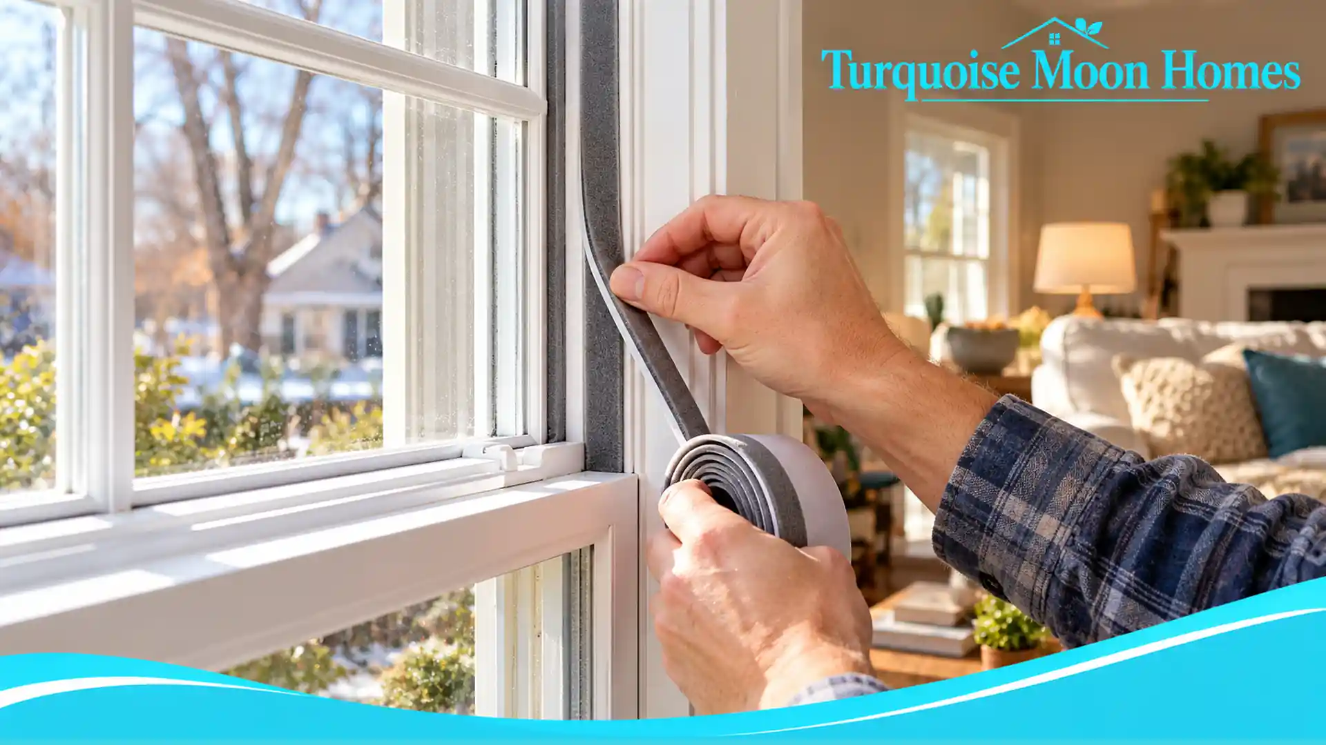 Hands applying a flexible gray weatherstrip to a white window frame, Turquoise Moon Homes branding
